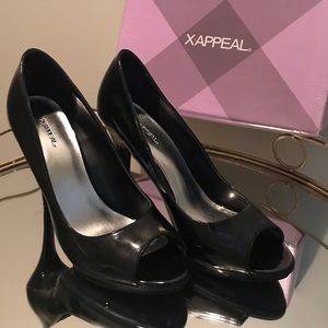Black patent peep toe heels
